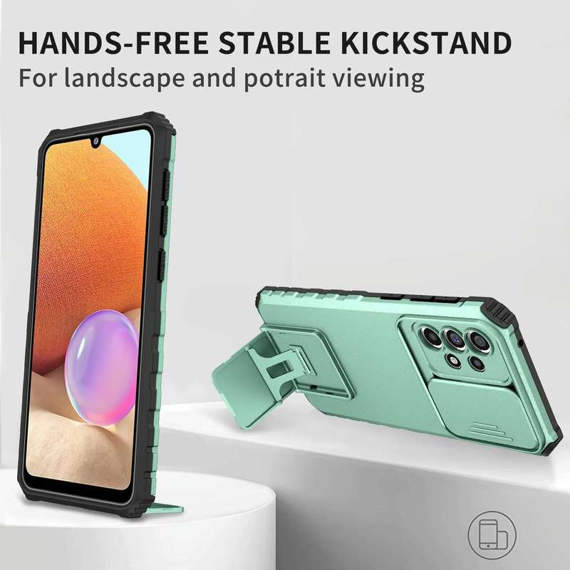 For Samsung Galaxy A33 5G Stereoscopic Holder Sliding Camshield Phone Case(Light Blue)