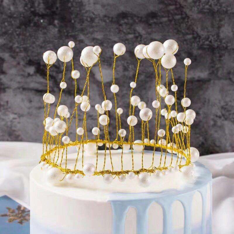 2 PCS Seaweed Tassel Pearl Crown Baking Cake Decoration(White)