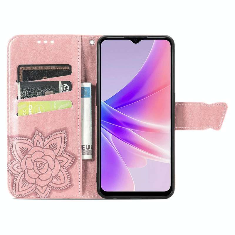 For OPPO A77 Butterfly Love Flower Embossed Flip Leather Phone Case(Rose Gold)
