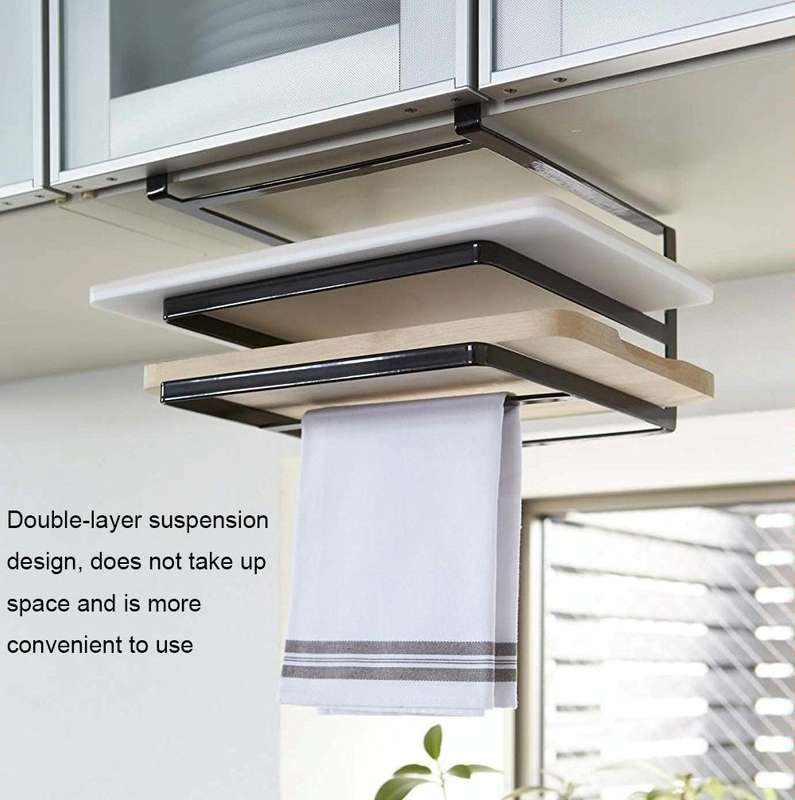 Double-layer Punch-free Kitchen Wall-Mounted Cutting Board Rack(Black)