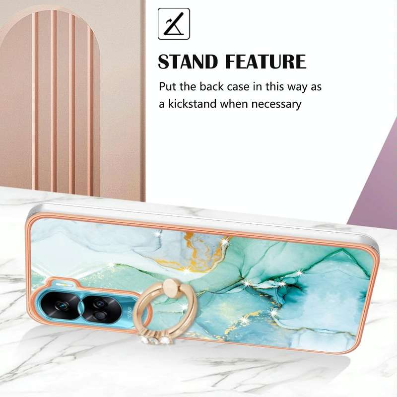 For Honor 90 Lite 5G Electroplating Marble IMD TPU Phone Case with Ring Holder(Green 003)