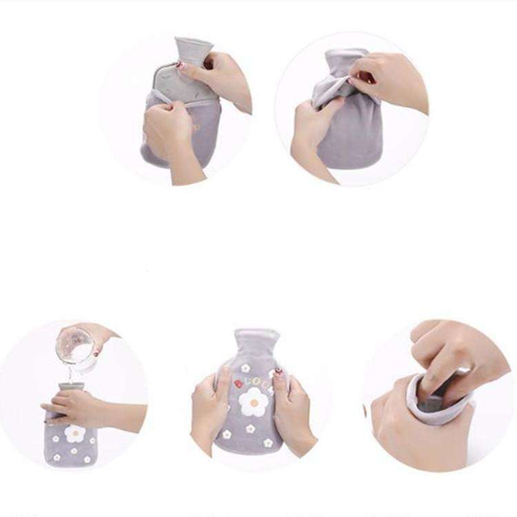 Cartoon Flowers Plush Hot Water Bottle Bag Injection Water Hand Warmer(Pink)