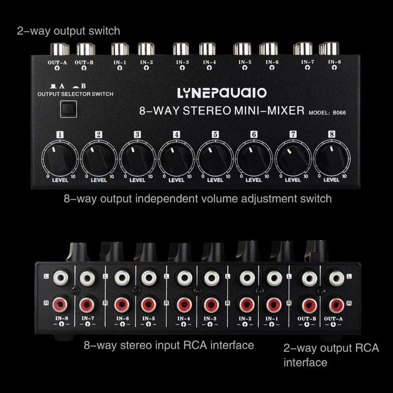 B066 Mini Stereo 8 Channel RCA Non Source Sound Passive Mixer, No Power Supply