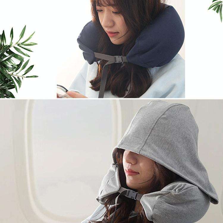 Portable Airplane Travel U-shaped Hooded Pillow Nap Time Neck Pillow(Navy Blue)