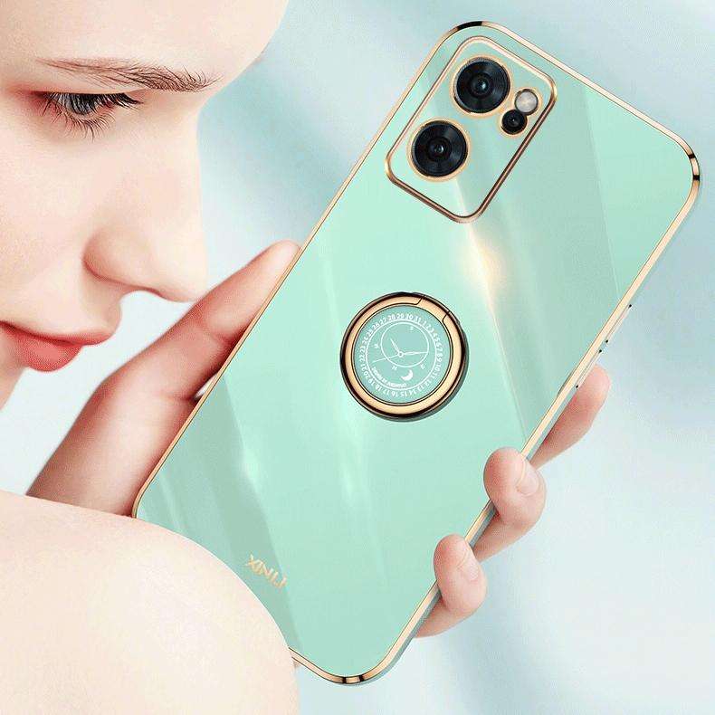 For OPPO Reno7 Global XINLI Straight Edge 6D Electroplate TPU Phone Case with Ring Holder(Black)