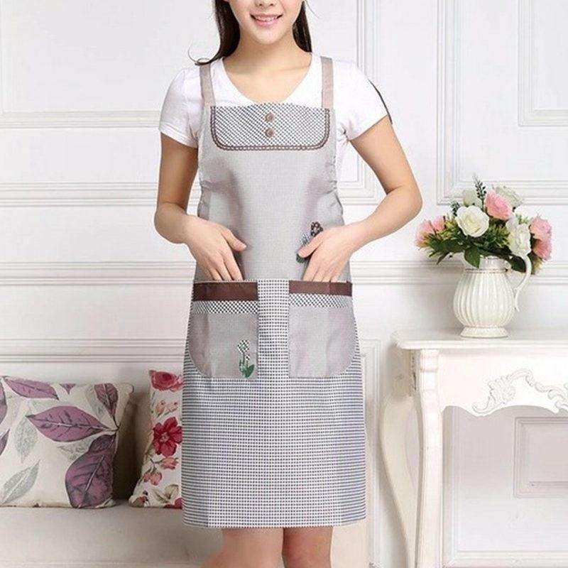 Home Adult Sleeveless Waterproof Grid Anti-oil Aprons with Double Pocket(Coffee Color)