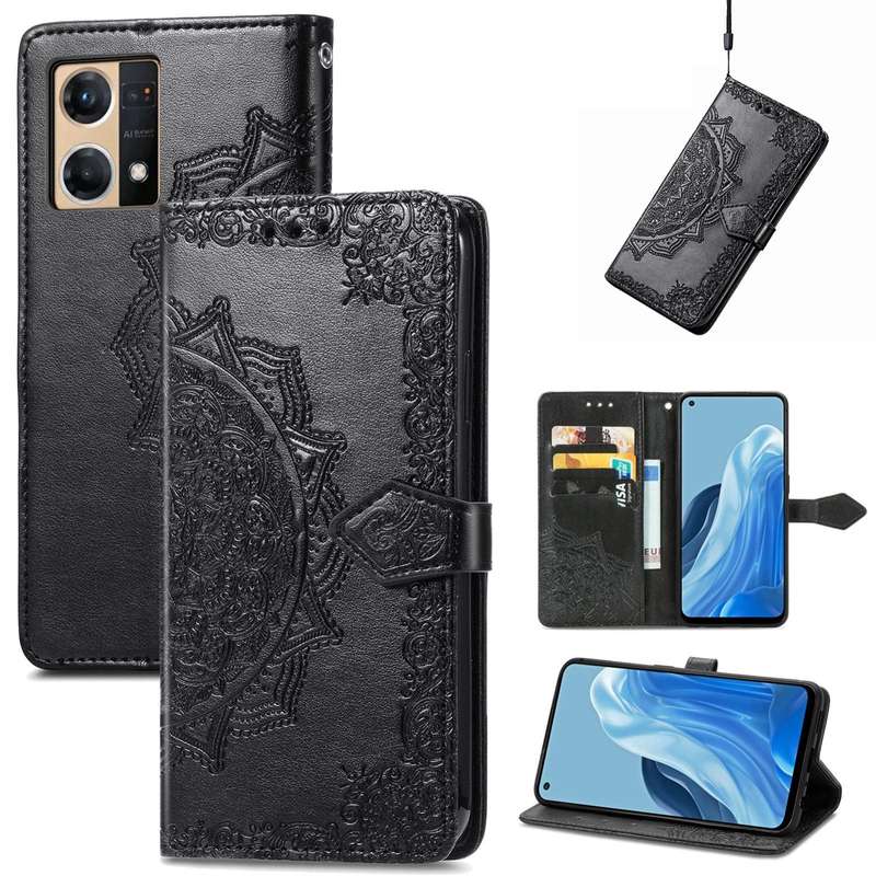 For OPPO Reno7 4G Mandala Flower Embossed Horizontal Flip Leather Phone Case(Black)