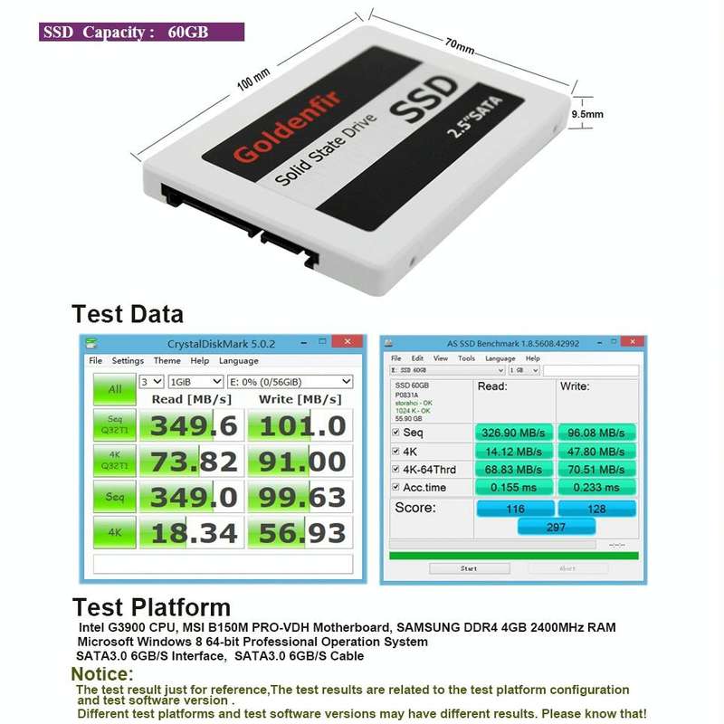 Goldenfir SSD 2.5 inch SATA Hard Drive Disk Disc Solid State Disk, Capacity: 60GB