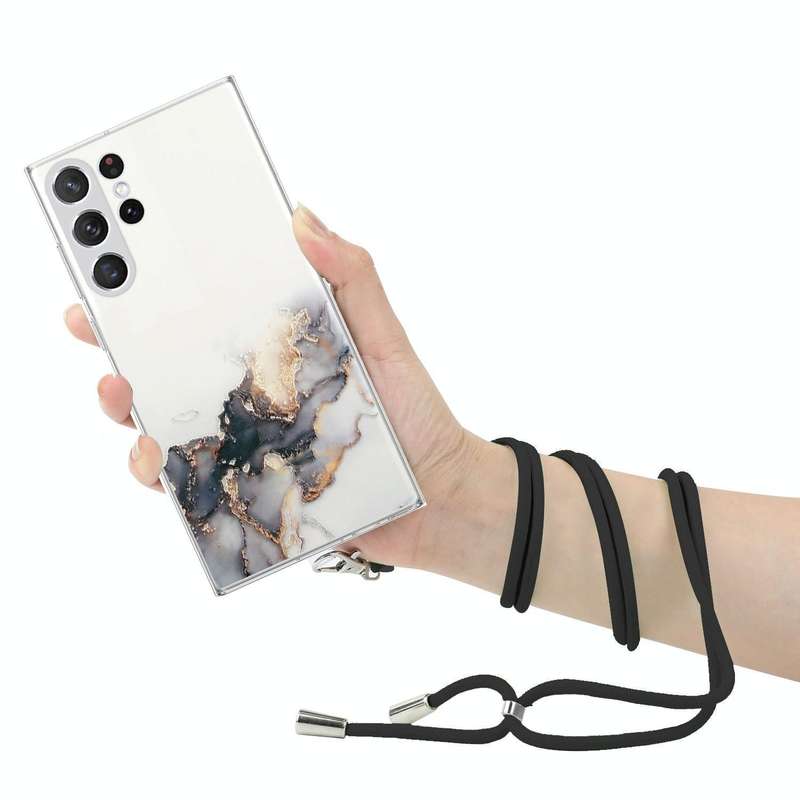 For Samsung Galaxy S23 Ultra 5G Hollow Marble Pattern TPU Shockproof Phone Case with Neck Strap R...