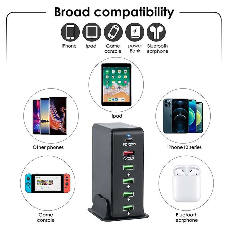 6 in 1 65W PD USB-C / Type-C + QC 3.0 USB + 4 USB Multi-port Travel Charger, US Plug(Black)