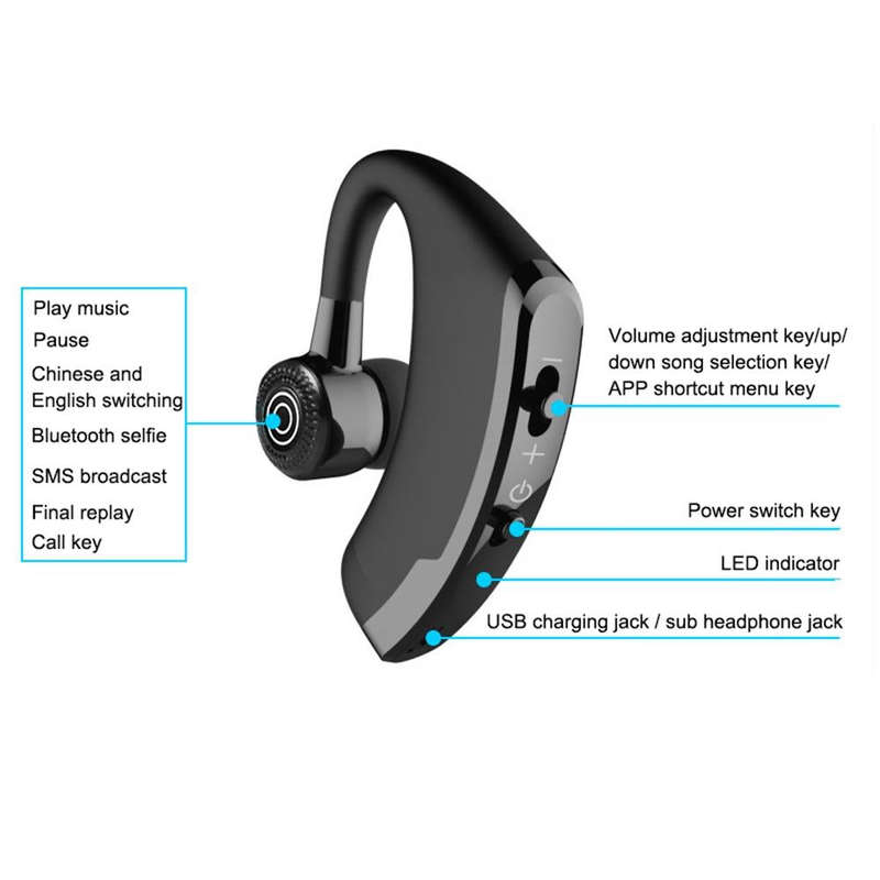 V9 Business Handsfree Wireless Bluetooth Headset CSR 4.1 with Mic for Driver Sport (Black)