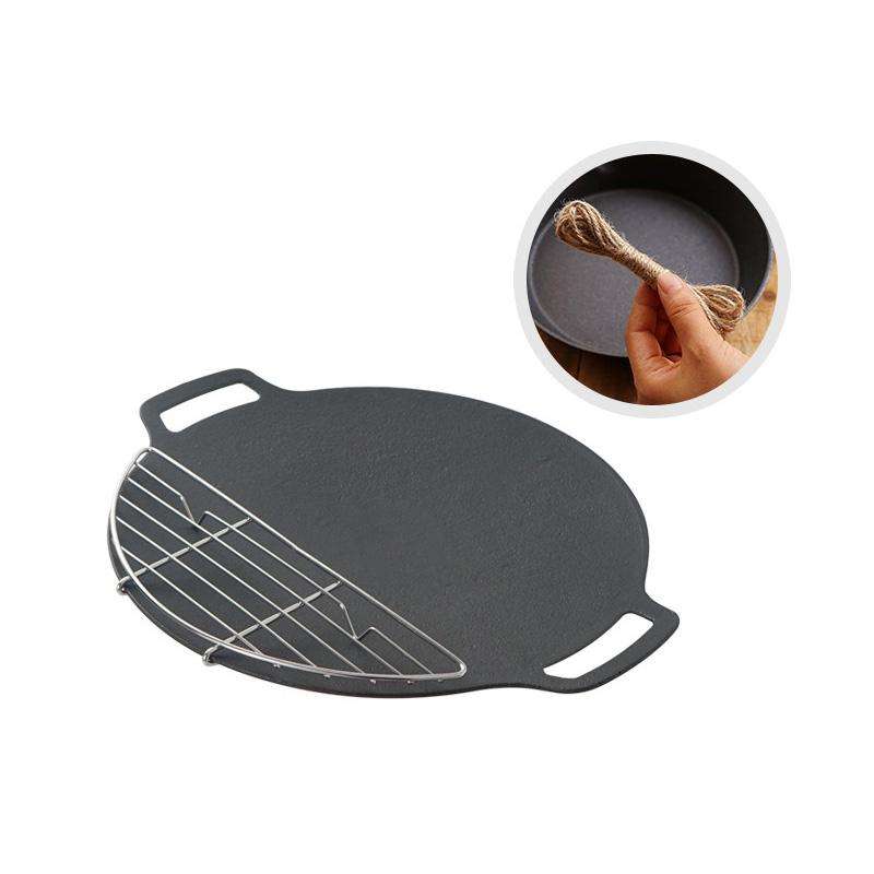 Outdoor Camping BBQ Cast Iron Grill Pan,Style: Baking Pan+Net+Hemp Rope