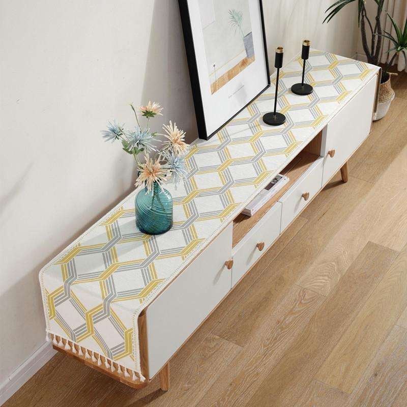 Home TV Cabinet Shoe Cabinet Chenille Polyester Tassel Tablecloth, Size: 35x250cm(Yellow Geometry)