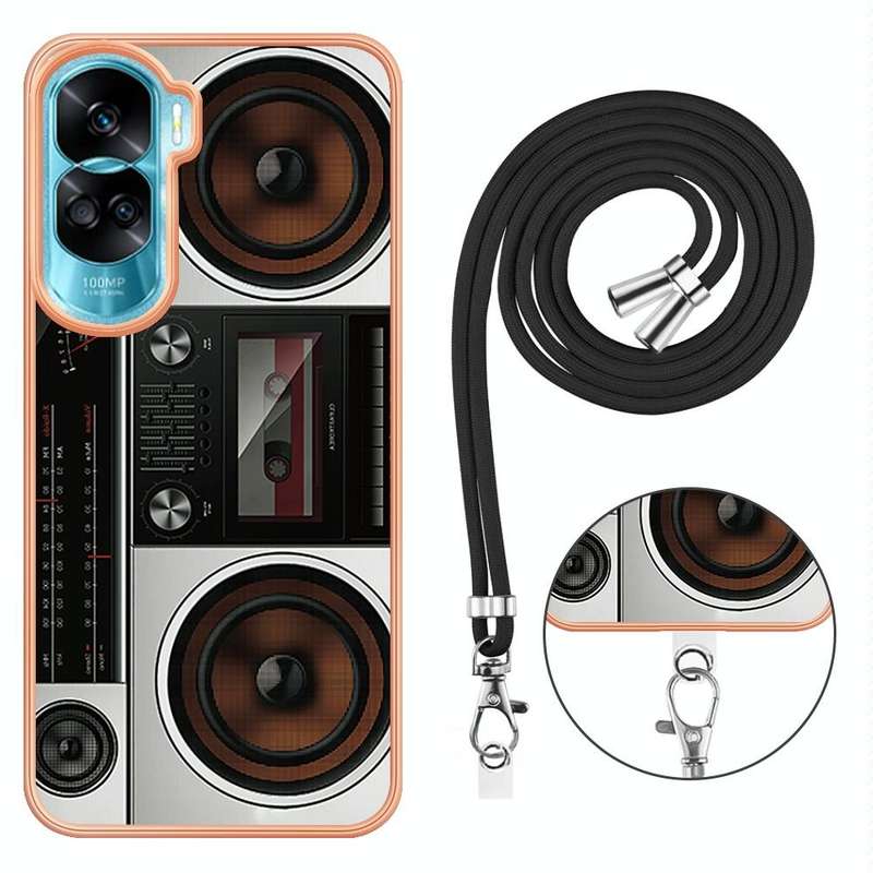 For Honor 90 Lite 5G Electroplating Dual-side IMD Phone Case with Lanyard(Retro Radio)