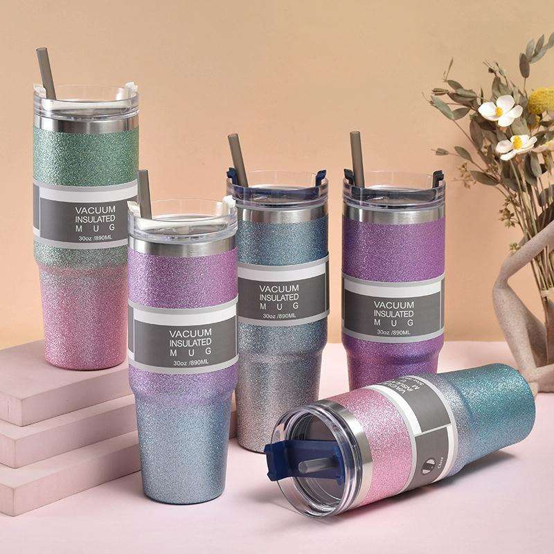 20oz Glitter Insulation Coffee Cup Double Layer Ice Cup Stainless Steel Car Cup With Straw(Green ...