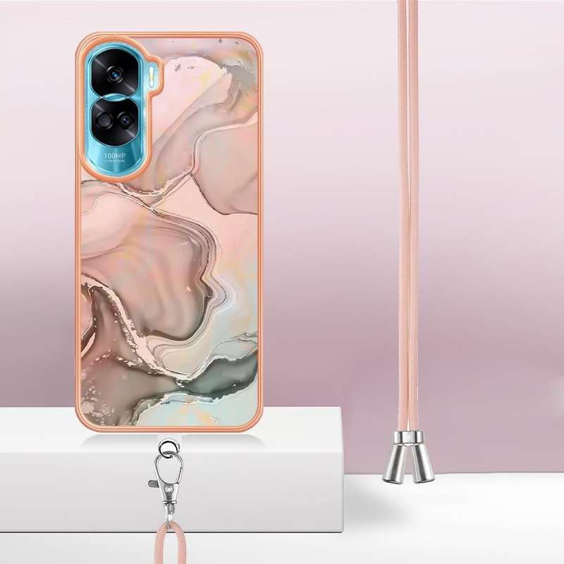 For Honor 90 Lite 5G Electroplating Marble Dual-side IMD Phone Case with Lanyard(Rose Gold 015)