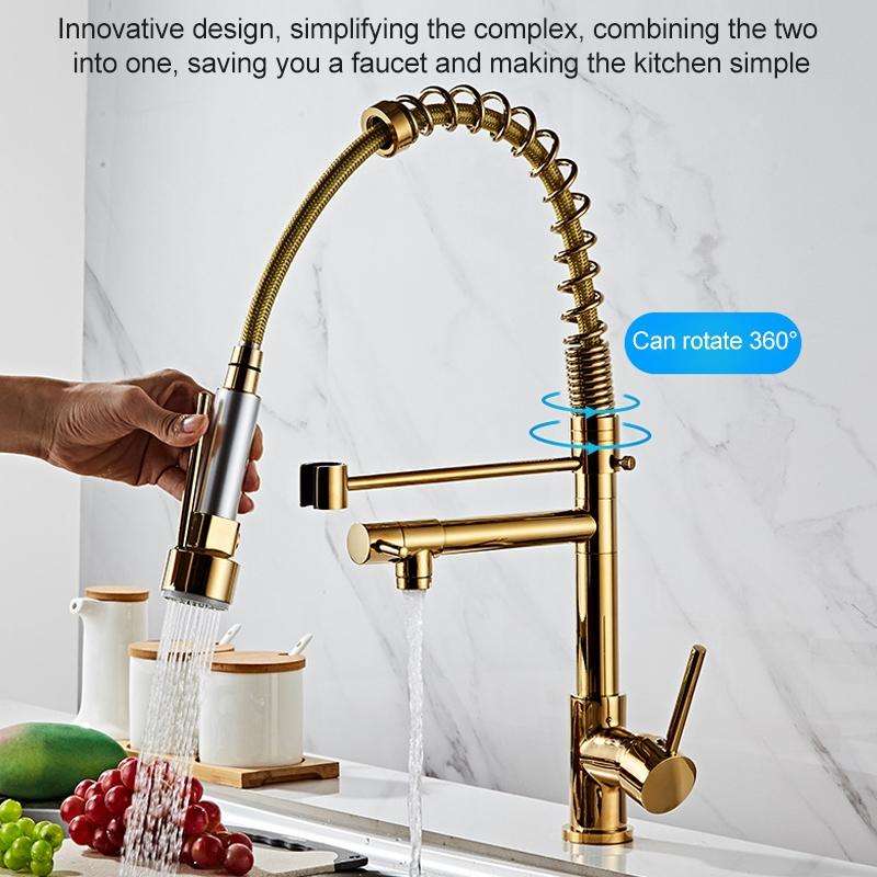 Copper Pull Type Large Spring Double Outlet Kitchen Sink Hot Cold Faucet