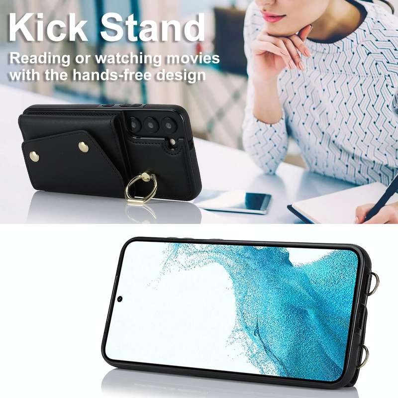 For Samsung Galaxy S22+ 5G Zipper Card Bag Phone Case with Dual Lanyard(Black)