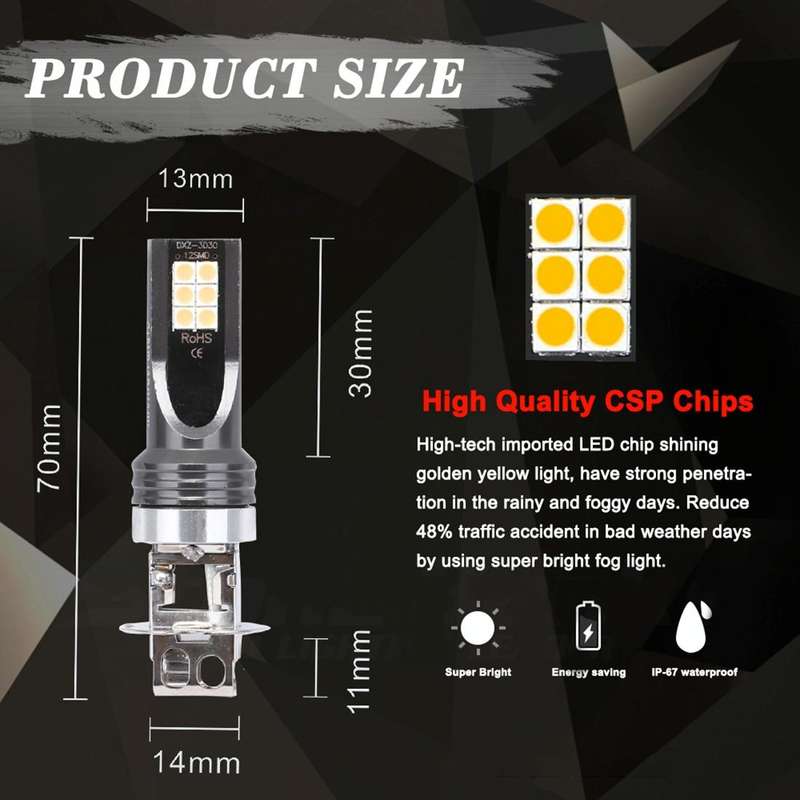 2 PCS H3 DC12V-24V / 12W / 3000K / 800LM 12LEDs SMD-3030 Car LED Fog Light (Yellow Light)