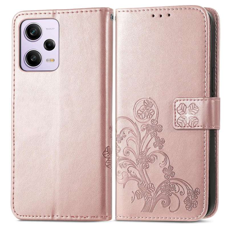 For Xiaomi Redmi Note 12 Pro+ China Four-leaf Clasp Embossed Buckle Leather Phone Case(Rose Gold)