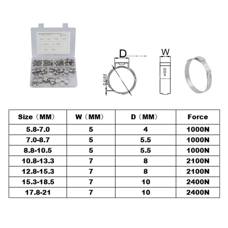 128 PCS Adjustable Single Ear Plus Stainless Steel Hydraulic Hose Clamps O-Clips Pipe Fuel Air In...