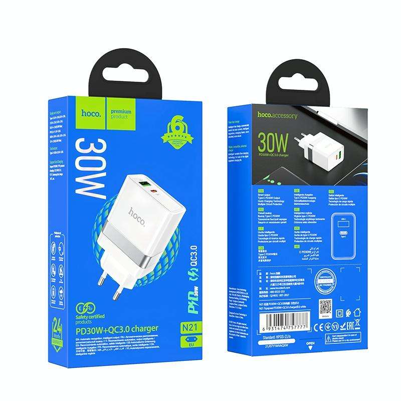 hoco N21 PD 30W Type-C / USB-C + QC 3.0 USB Mini Fast Charger, EU Plug(White)