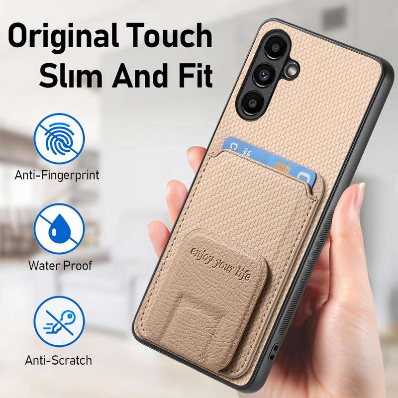 For Samsung Galaxy A73 5G Carbon Fiber Card Bag Fold Stand Phone Case(Khaki)