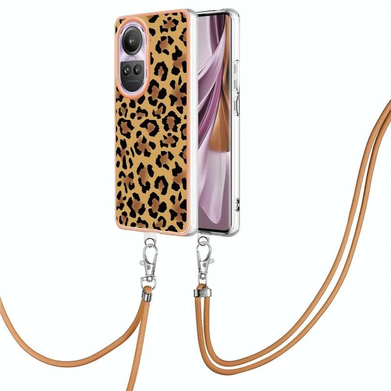 For OPPO Reno10 Pro 5G Global Electroplating Dual-side IMD Phone Case with Lanyard(Leopard Print)