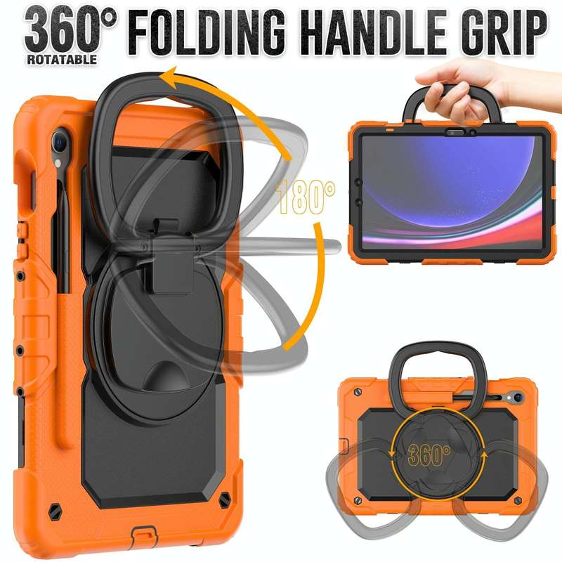 For Samsung Galaxy Tab S9 D Type Silicone Hybrid PC Tablet Case with Handle Holder(Orange)