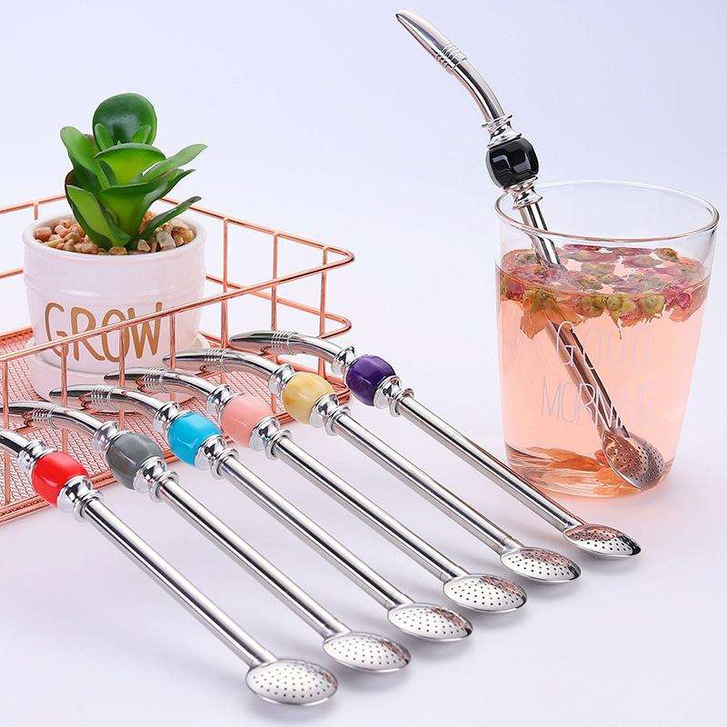 Washable Stainless Steel Straw Spoon Filter Slip Tea Tableware(Pink)