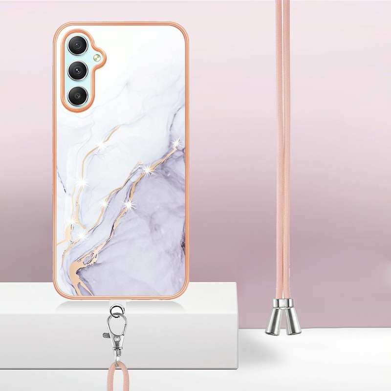 For Samsung Galaxy A24 4G Electroplating Marble Dual-side IMD Phone Case with Lanyard(White 006)