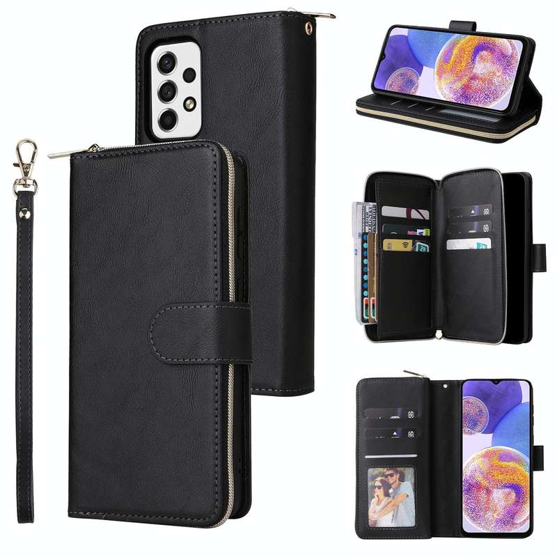 For Samsung Galaxy A23 9 Card Slots Zipper Wallet Bag Leather Phone Case(Black)