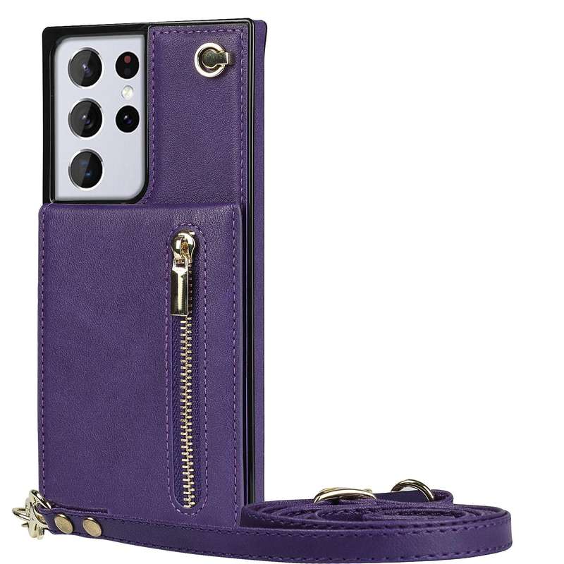 For Samsung Galaxy S21 Ultra 5G Cross-body Zipper Square TPU+PU Back Cover Case with Holder & Car...