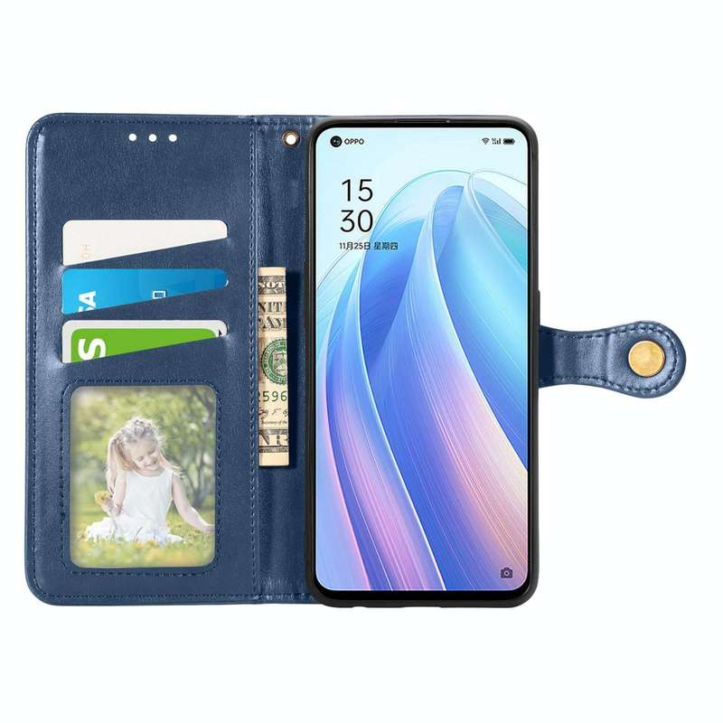 For OPPO Reno7 5G Solid Color Leather Buckle Phone Case(Blue)