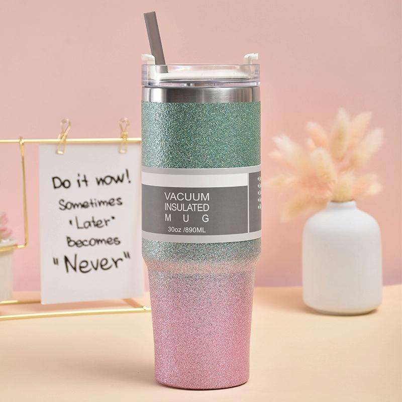 20oz Glitter Insulation Coffee Cup Double Layer Ice Cup Stainless Steel Car Cup With Straw(Green ...