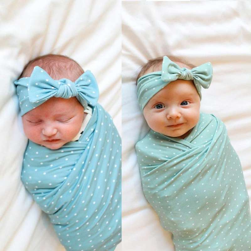 Newborn Baby Dot Pattern Swaddling Scarf Headband(Blue)