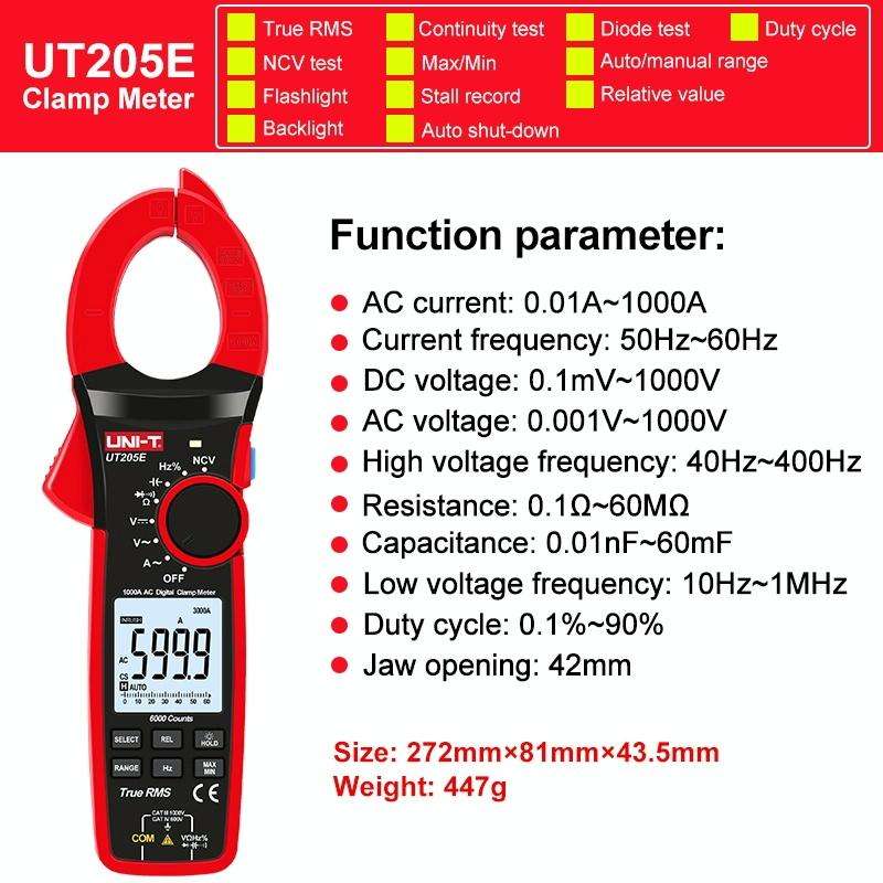 UNI-T UT205E 1000A 42mm Jaw Size Digital Clamp Meter AC DC Voltage Detector