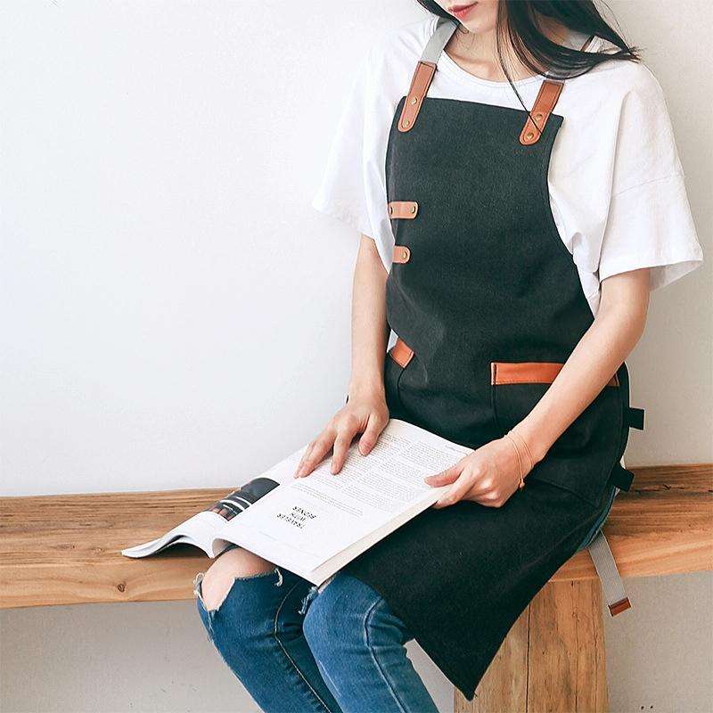 Washed Canvas Apron Chef Cafe Shop BBQ Hairdresser Aprons(Black)