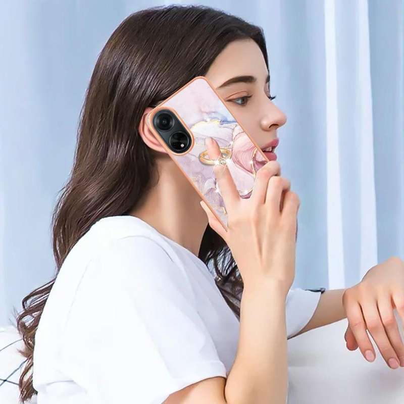 For OPPO A98 Electroplating Marble IMD TPU Phone Case with Ring Holder(Rose Gold 005)