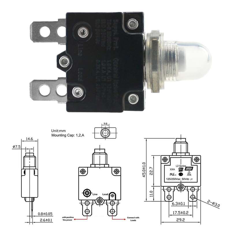 L2 Series 50V Car Overload Protector Manual Reset DC Circuit Breaker with Waterproof Cover, Curre...