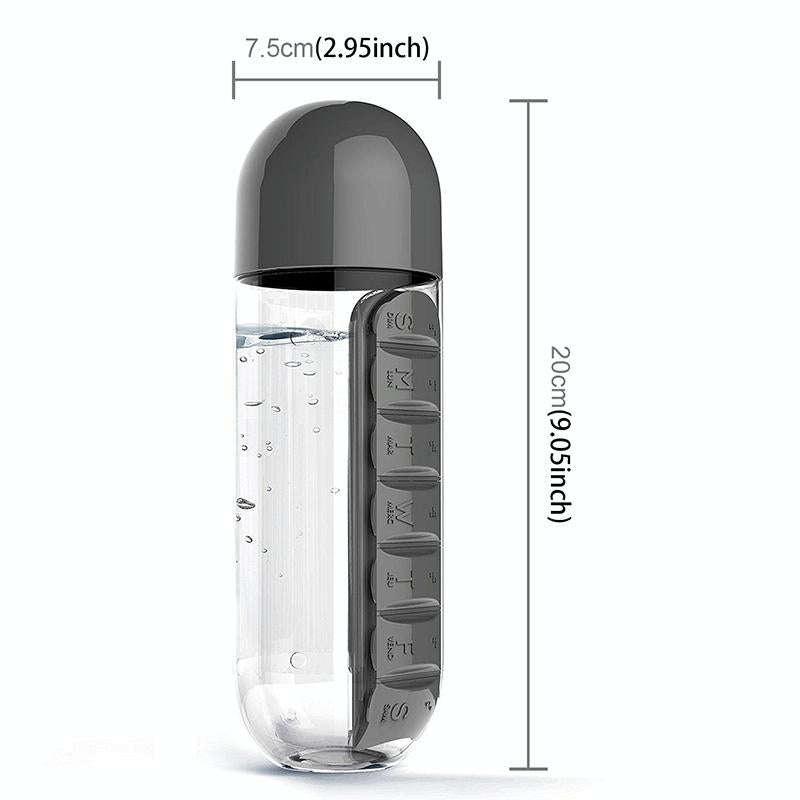 600ML Plastic Water Bottle with Daily Pill Box Organizer Drinking Bottles(Black)