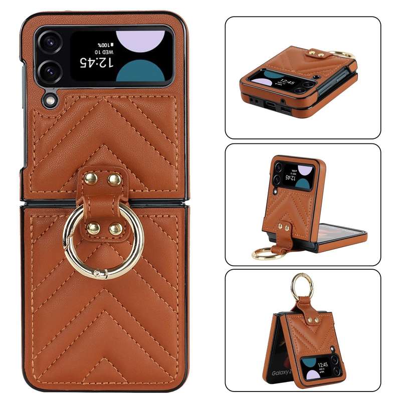 For Samsung Galaxy Z Flip4 V-shaped Folding Protective Phone Case with Folding Ring(Brown)