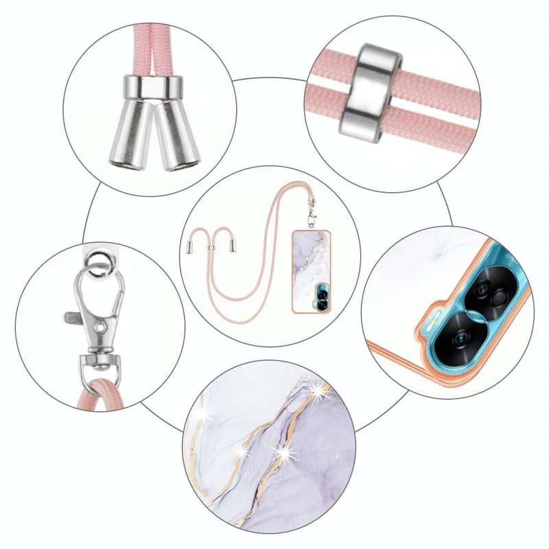 For Honor 90 Lite 5G Electroplating Marble Dual-side IMD Phone Case with Lanyard(White 006)