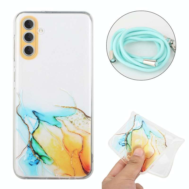 For Samsung Galaxy A54 5G Hollow Marble Pattern TPU Shockproof Phone Case with Neck Strap Rope(Ye...