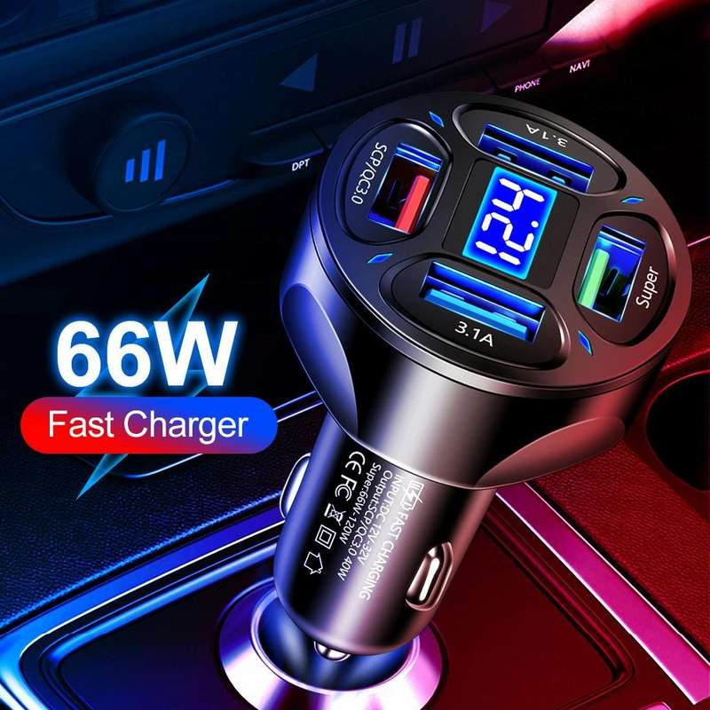 66W 4 in 1 Digital Display Fast Charging Car Charger with Voltmeter (Black)