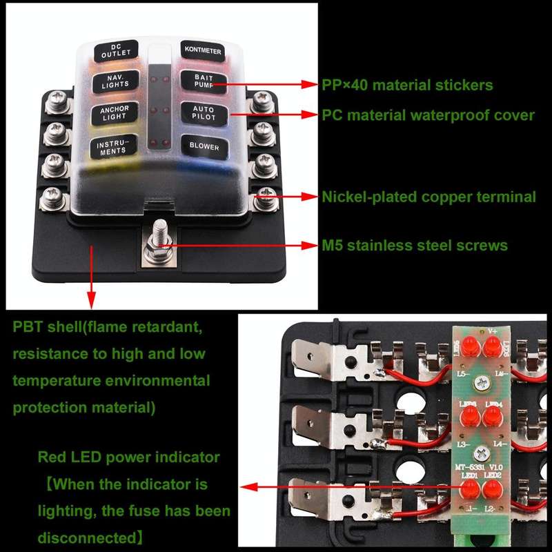 1 in 8 Out Fuse Box Screw Terminal Section Fuse Holder Kits with LED Warning Indicator for Auto C...