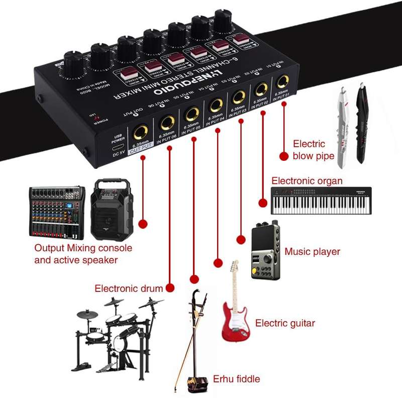 B020 Mini 6-Channel Stereo Audio Mixer Musical Instrument Mixer Electric Wind Electric Guitar Ele...