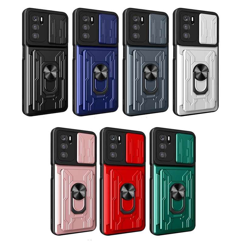 For OPPO A16 Sliding Camshield TPU+PC Phone Case with Card Slot(Sapphire Blue)