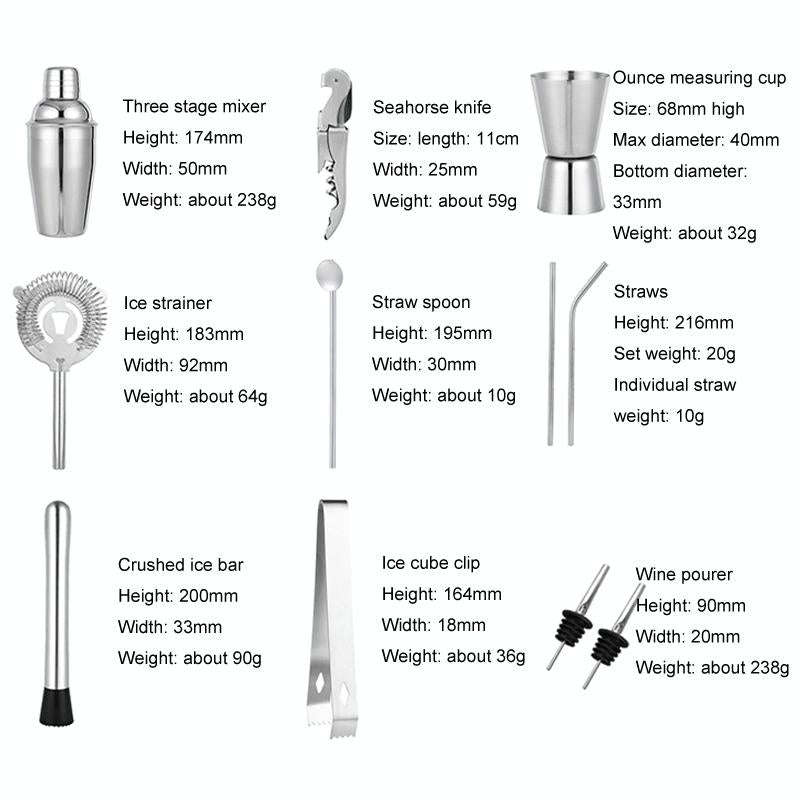 750ml 12 In 1 Stainless Steel Bartender Wooden Stand Set Cocktail Bartending Tools