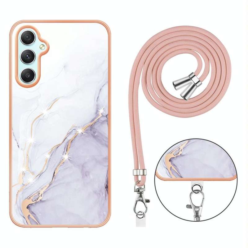 For Samsung Galaxy A24 4G Electroplating Marble Dual-side IMD Phone Case with Lanyard(White 006)